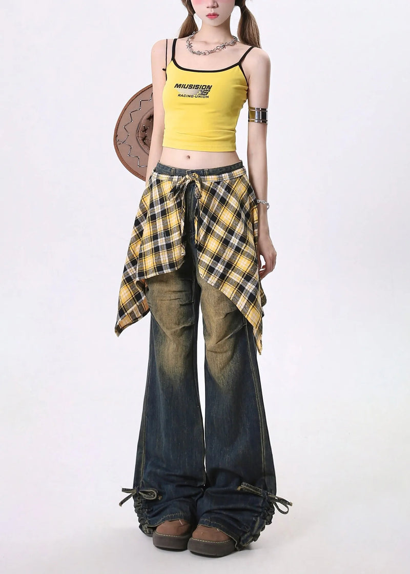 Navy Cinched Exra Large Hem Denim Flared Trousers Pants Spring