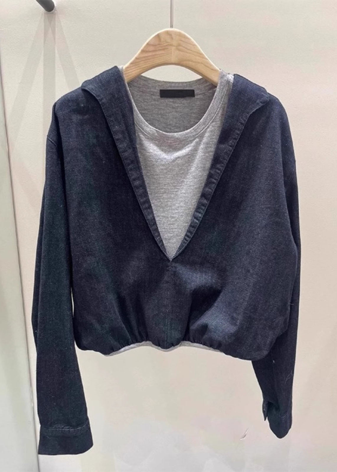 Navy O Neck Patchwork False Two Pieces Cotton Top Spring