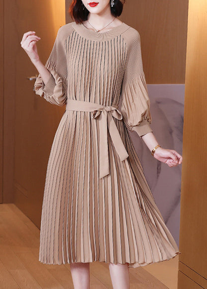 Khaki O-neck Tie Waist Maxi Dress Lantern Sleeve