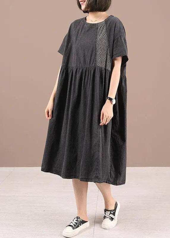 Black Patchwork Cinched Denim Ankle Dress Summer