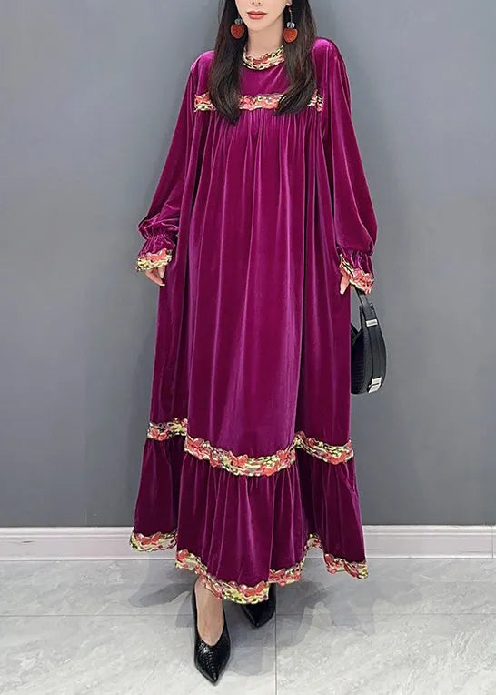 New Purple Wrinkled Patchwork Silk Velour Long Dresses Long Sleeve