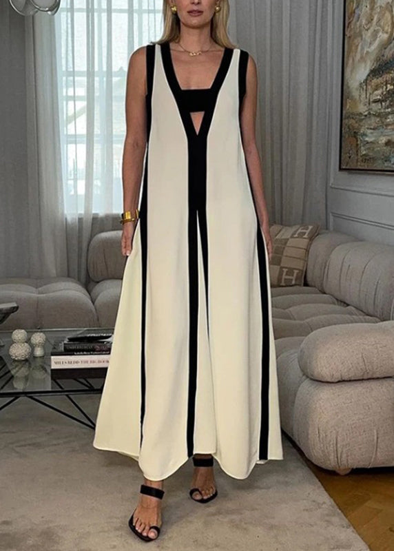 Brief White V Neck Striped Patchwork Cotton Long Dress Summer