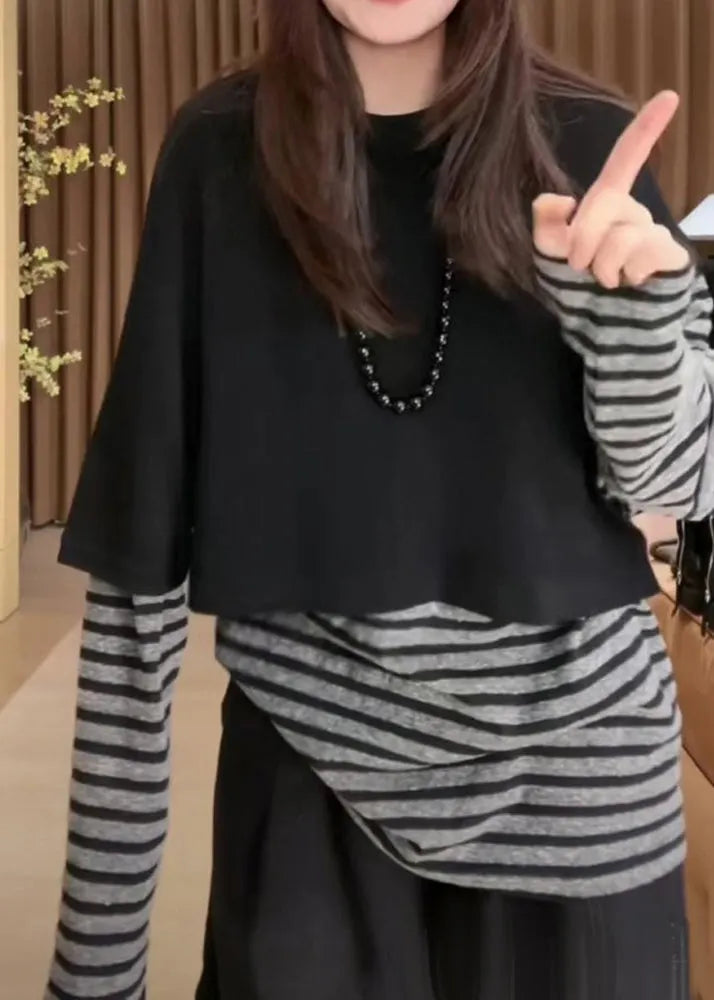 Black O Neck Knit Cape and Striped T Hirt Cotton Two Pieces Set Fall