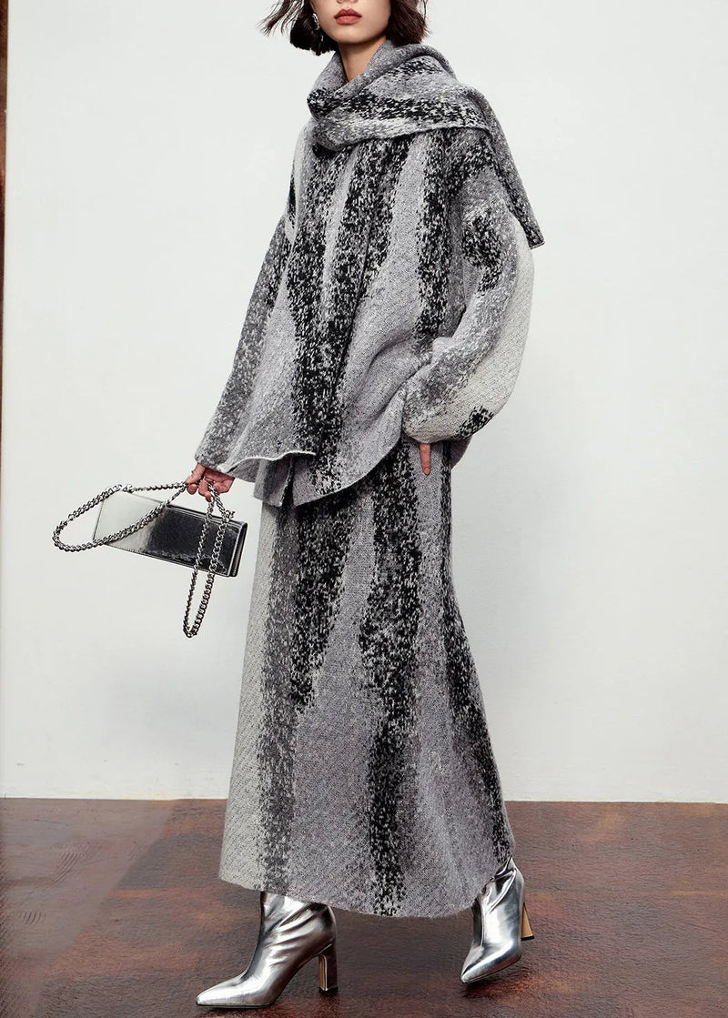 Natural Grey Button Cotton Knit Scarf,cardigans and Maxi Skirtsthree Pieces Set Winter