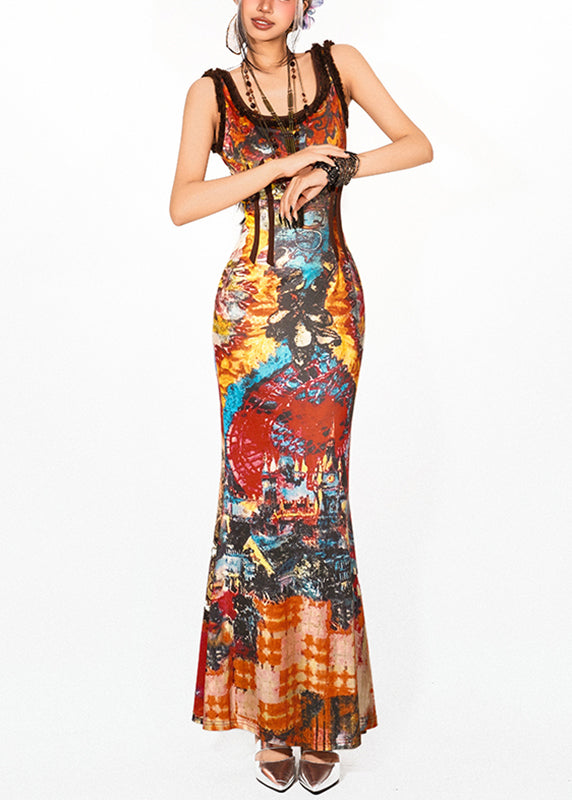 Beach Rainbow O-neck Holiday Long Spaghetti Strap Fishtail Dress Sleeveless
