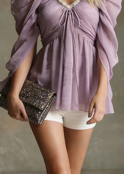 Purple V Neck Cold Shoulder Chiffon Tops Summer