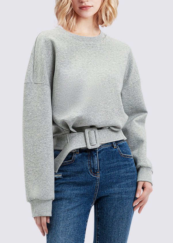 Grey Patchwork Sashes Sweatshirt Lantern Sleeve
