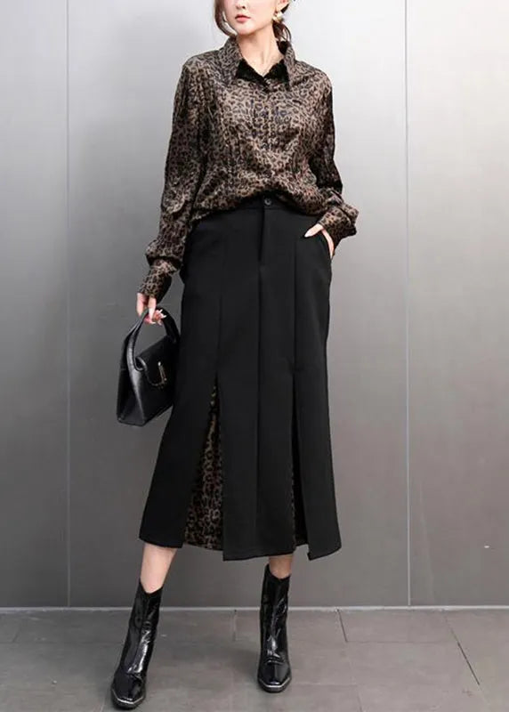 Leopard Peter Pan Collar Button Shirts and Maxi Skirts Two Pieces Set Spring