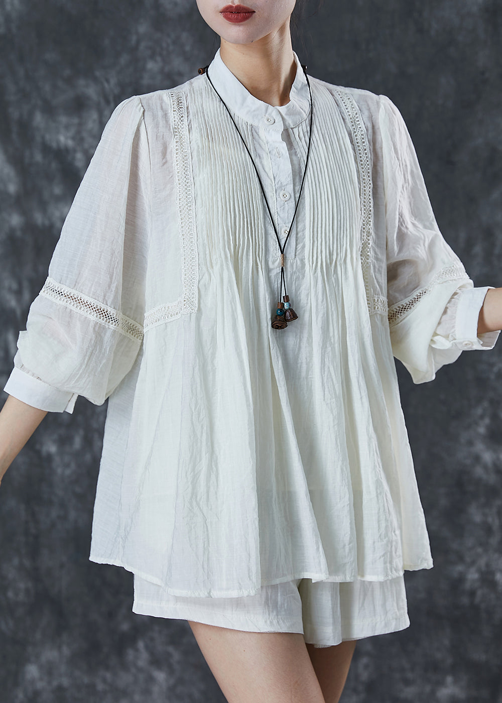 White Lace Patchwork Wrinkled Cotton Two Pieces Set Summer