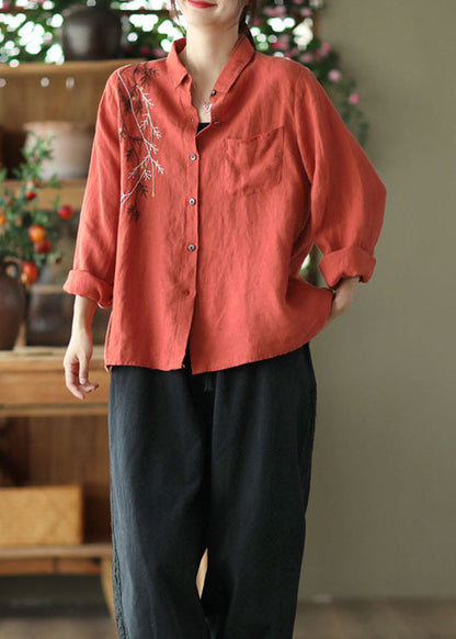 Orange Linen Blouses Embroideried Chinese Style Long Sleeve