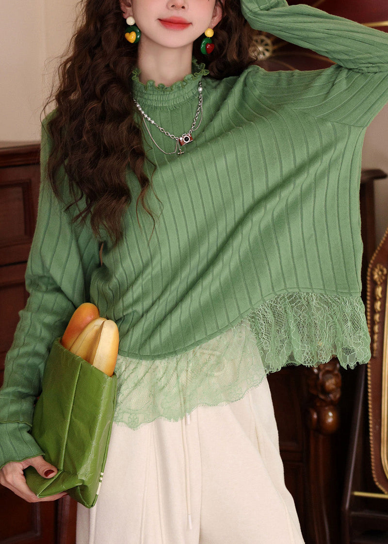 Blue Ruffled Lace Patchwork Knit Top Spring