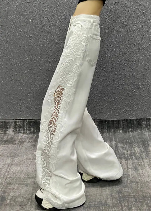 New White Pockets Hollow Out Patchwork Denim Straight Pants Fall