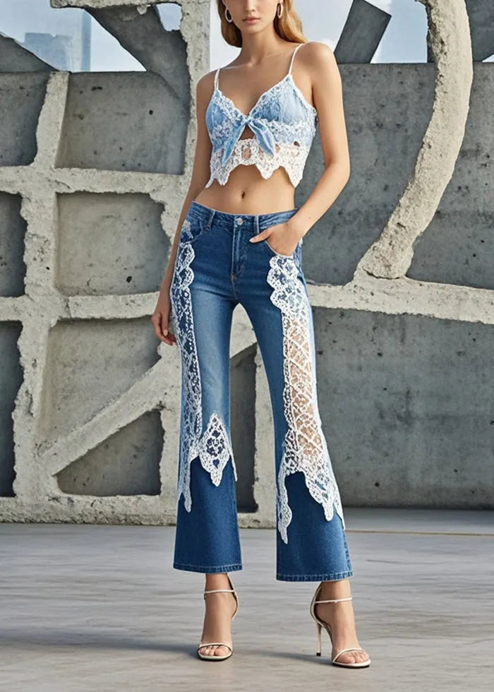 Denim Blue Lace Patchwork Slim Fit Flared Trousers Fall