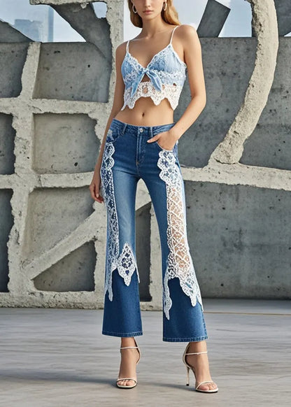 Denim Blue Lace Patchwork Slim Fit Flared Trousers Fall