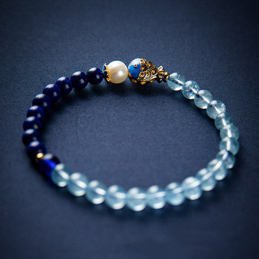 Buddha Stones Natural Aquamarine Lazurite Lapis Lazuli Fish Healing Bracelet
