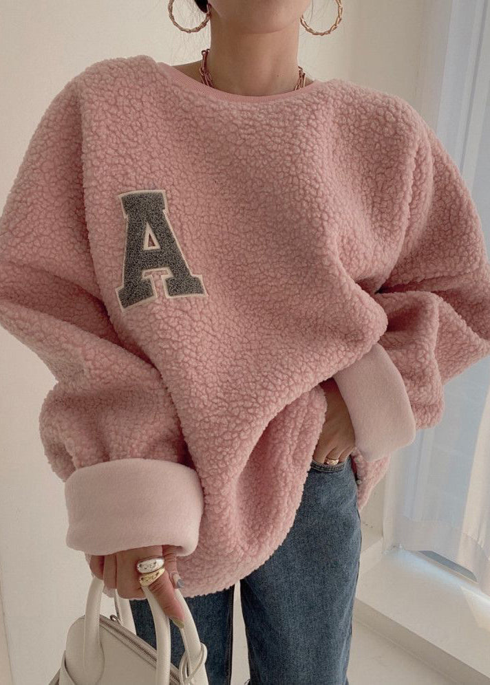 Loose Pink O Neck Letter Teddy Pullover Winter