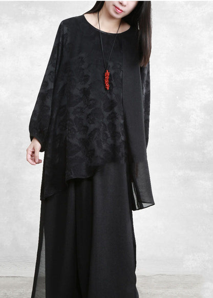 Black Asymmetrical Design Jacquard Silk Two Piece Set Spring