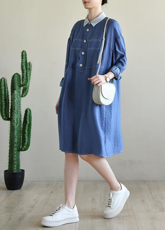 French Blue Long Sleeve Patchwork Button Dress Spring
