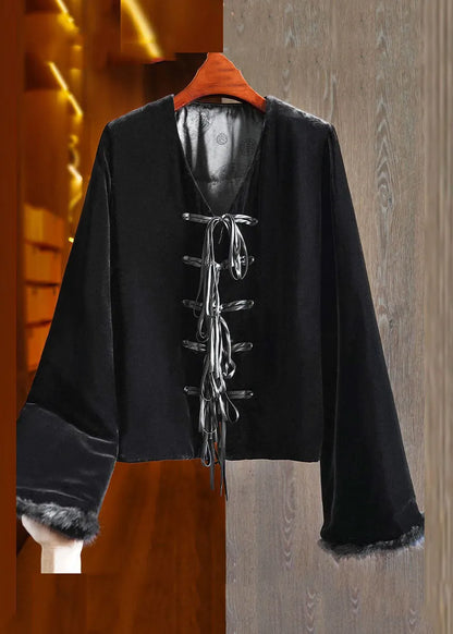 Simple Apricot V Neck Tassel Button Warm Silk Velour Jackets Winter