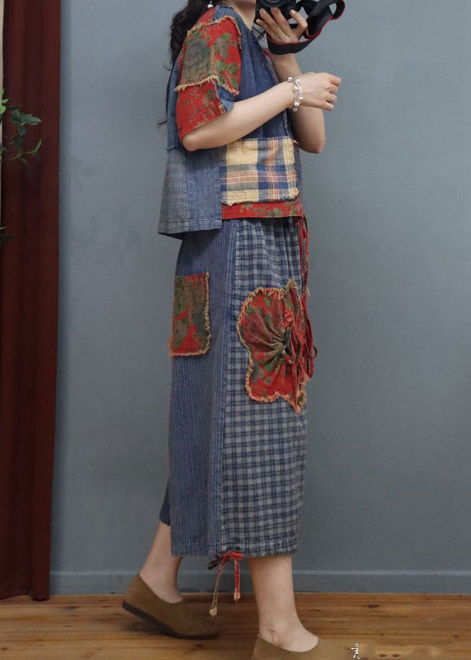 Boutique V Neck Print Patchwork Top and Wide Leg Two Pieces Set Fall