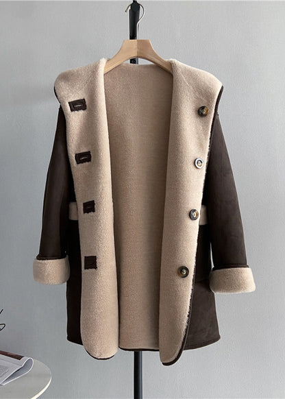 Chocolate Button Woolen Hoodie Coat Wear on Both Sides Winter