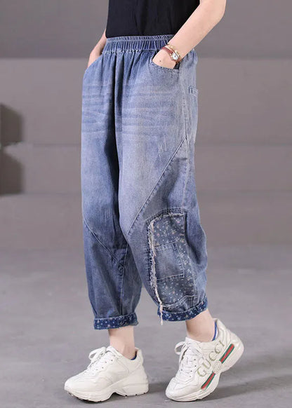 Blue Elastic Waist Pockets Patchwork Applique Cotton Denim Harem Pants Summer