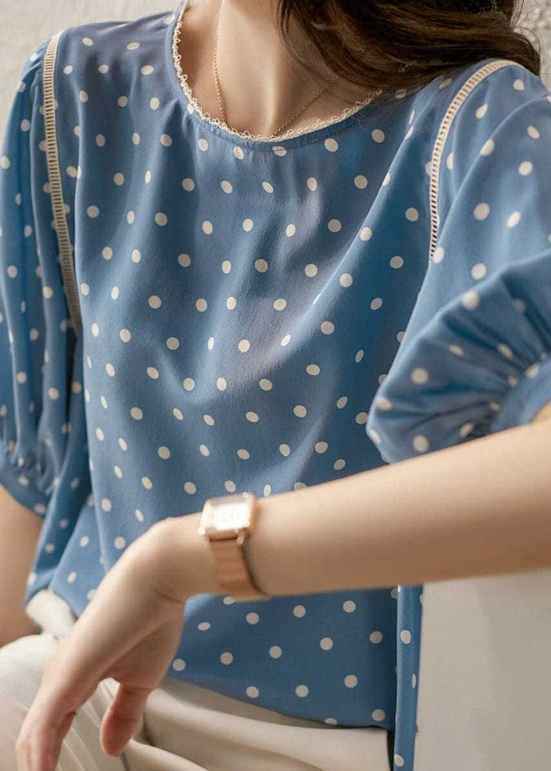 Blue O-neck Dot Print Silk Blouse Tops Summer