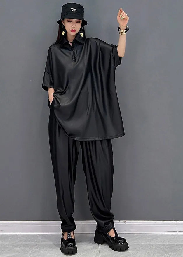 Black Peter Pan Collar T Shirt and Beam Pants Two Pieces Set Summer