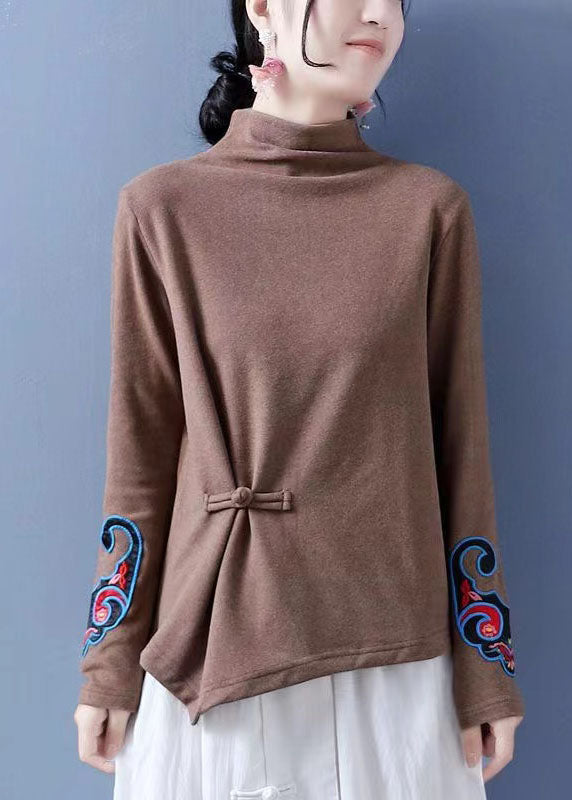 Chocolate Embroideried Ammetrical Design Chinese Button Cotton Tops Spring