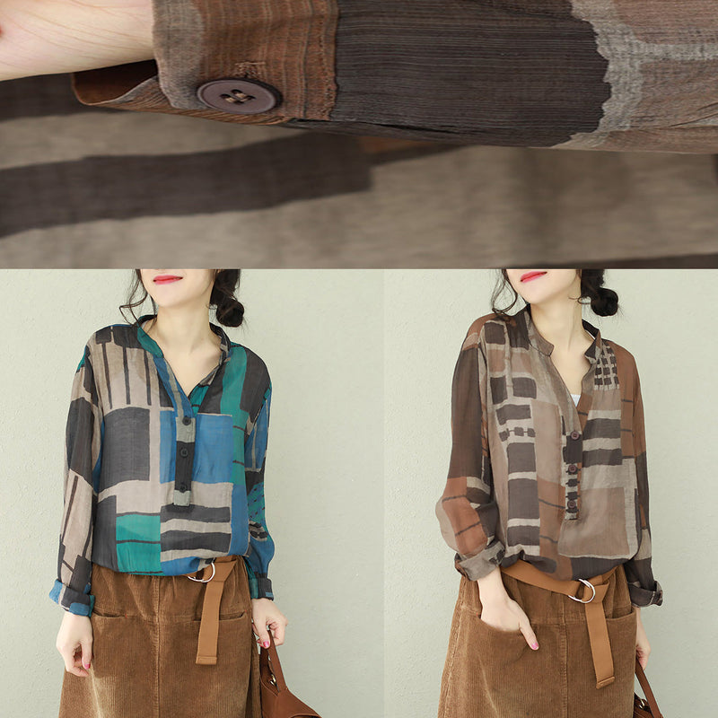 French V Neck Chiffon Shirts Photography Brown Plaid Box Shirt