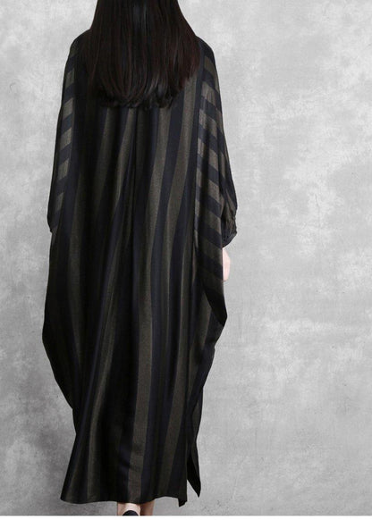 Style Black Striped Silk Maxi Dress Batwing Sleeve a Line Dresses