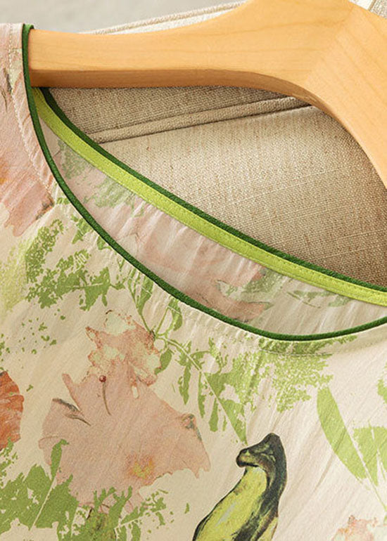 Green O Neck Print Silk T Shirts Short Sleeve