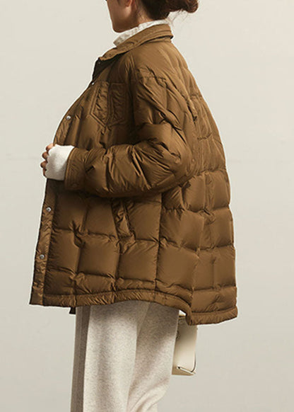 Coffee Peter Pan Collar Zippered Patchwork Button Duck Down Jackets Winter