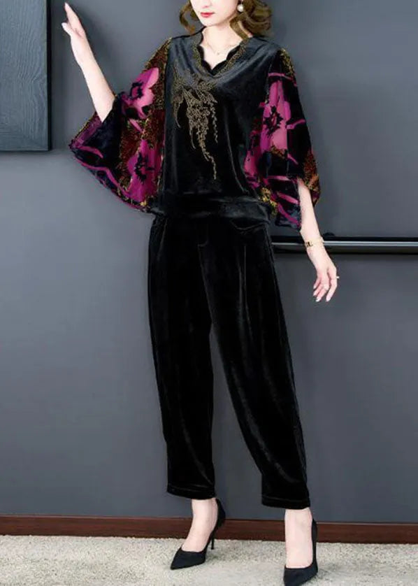Rose Print Silk Velour Tops and Pants Two Pieces Set V Neck Batwing Sleeve
