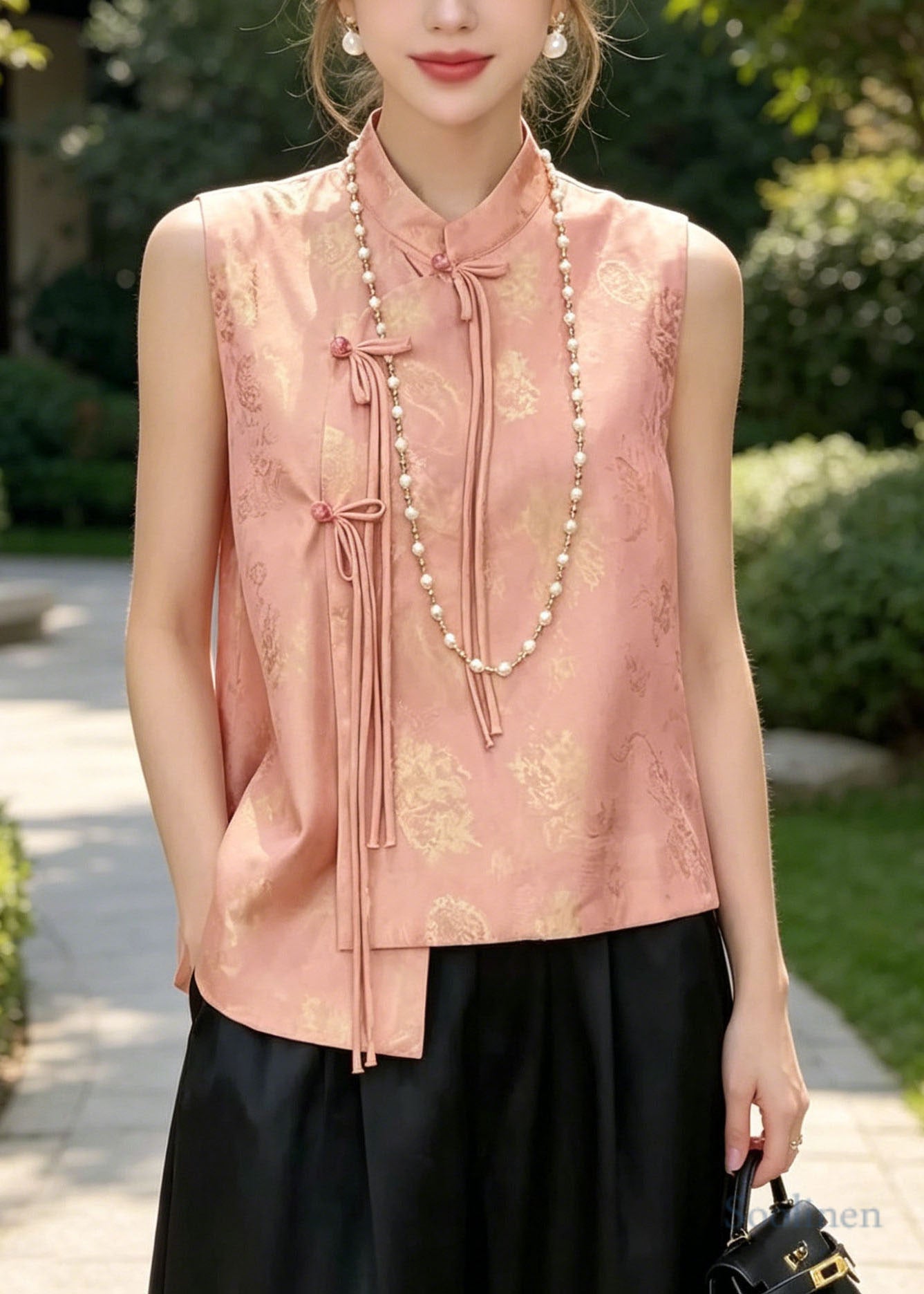 Chinese Style Pink Stand Collar Jacquard Silk Vest Tops Spring