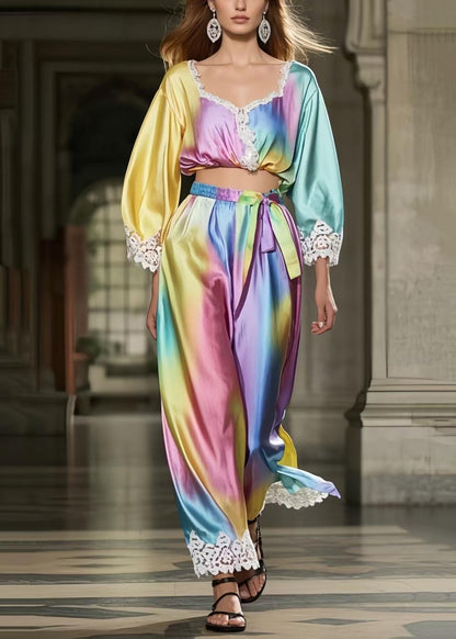 Rainbow Tie Dye Patchwork Lace Silk Two Piece Suit Set Spring