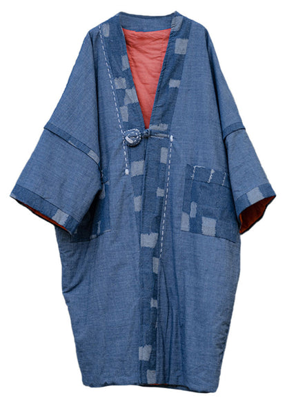 Blue Button Pockets Patchwork Thin Cotton Coat Fall