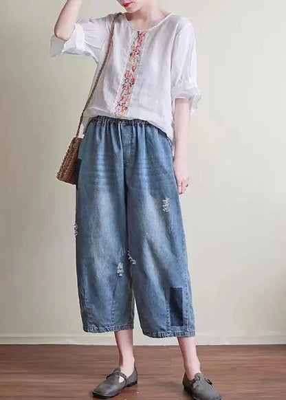 Natural Blue Pockets Hole Harem Fall Denim Pant