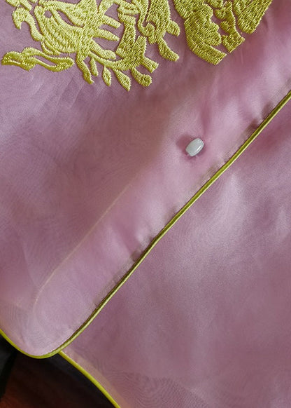 Pink Stand Collar Embroideried Patchwork Silk Vest Sleeveless