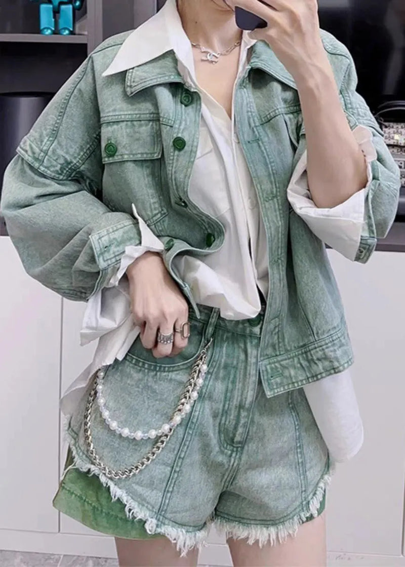 New Green Peter Pan Collar Button Denim Two Pieces Set Long Sleeve