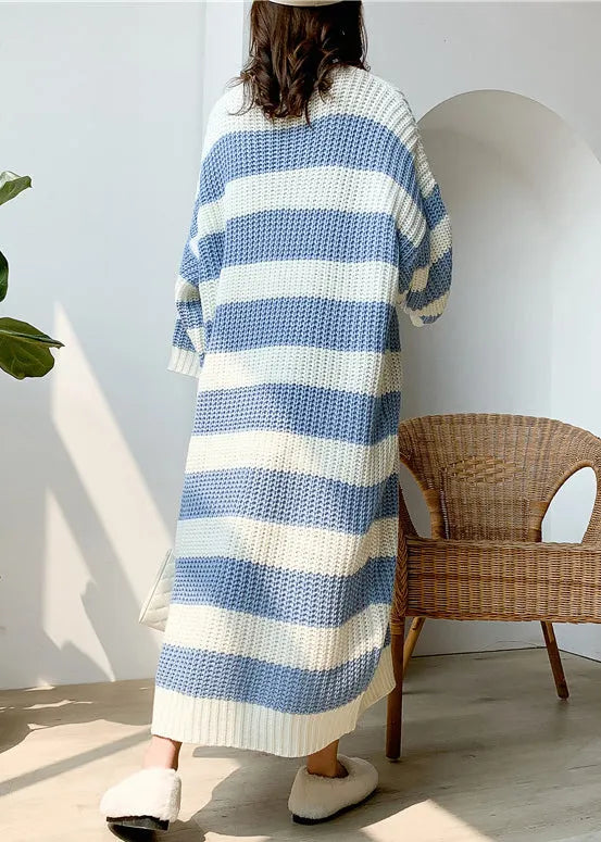 Loose Blue O Neck Striped Knit Sweater Dress Spring
