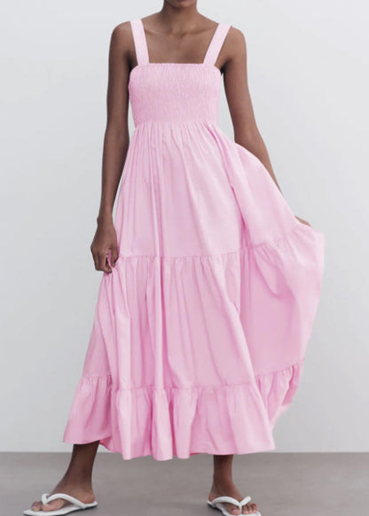 Pink Wrinkled Cotton Spaghetti Strap Dress Sleeveless