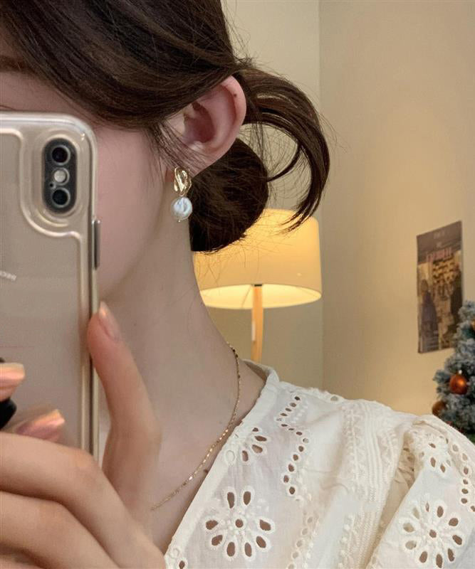 White Alloy Asymmetrical Pearl Drop Earrings