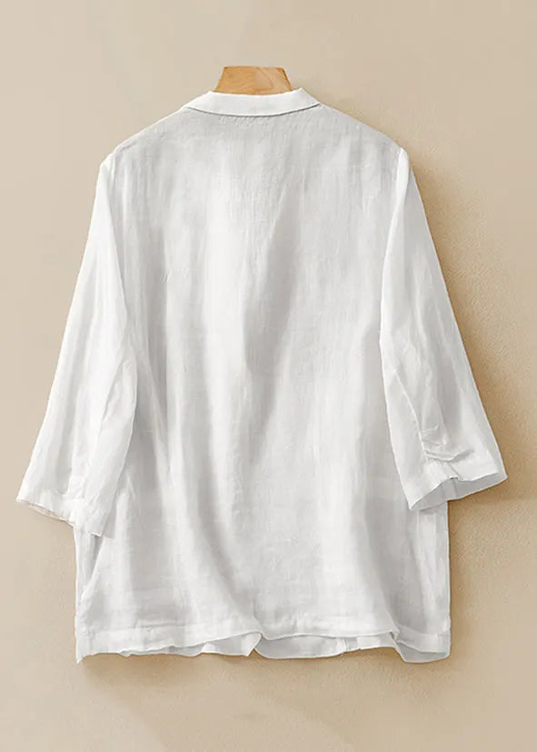 New White Notched Pockets Thin Linen Coats Half Sleeve