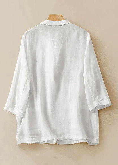 New White Notched Pockets Thin Linen Coats Half Sleeve