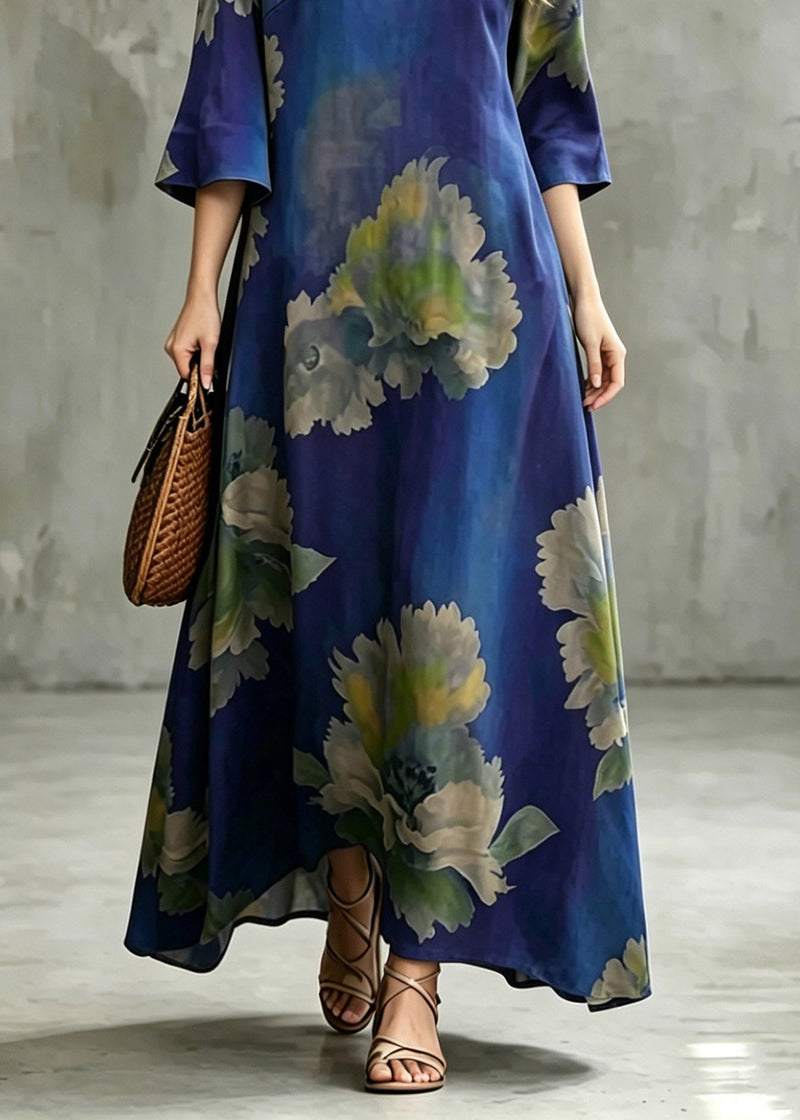 Blue V Neck Patchwork Maxi Dress Half Sleeve