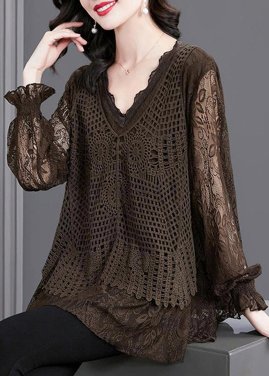Coffee Ruffled Hollow Out Patchwork Knit Shirt Tops Fall