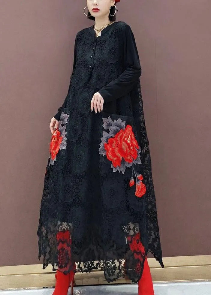 Black O-neck Lace Print Dress Fall