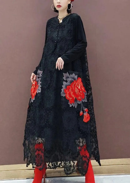 Black O-neck Lace Print Dress Fall
