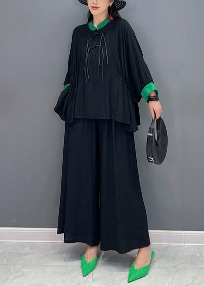 Black Print Button Shirts and Wide Leg Pants Two Piece Set Long Sleeve